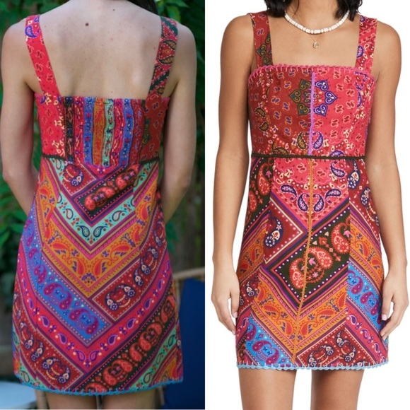 FARM RIO Linen Floral Paisley Patchwork Scarf Print Sleeveless Sheath Dress S - Picture 4 of 8